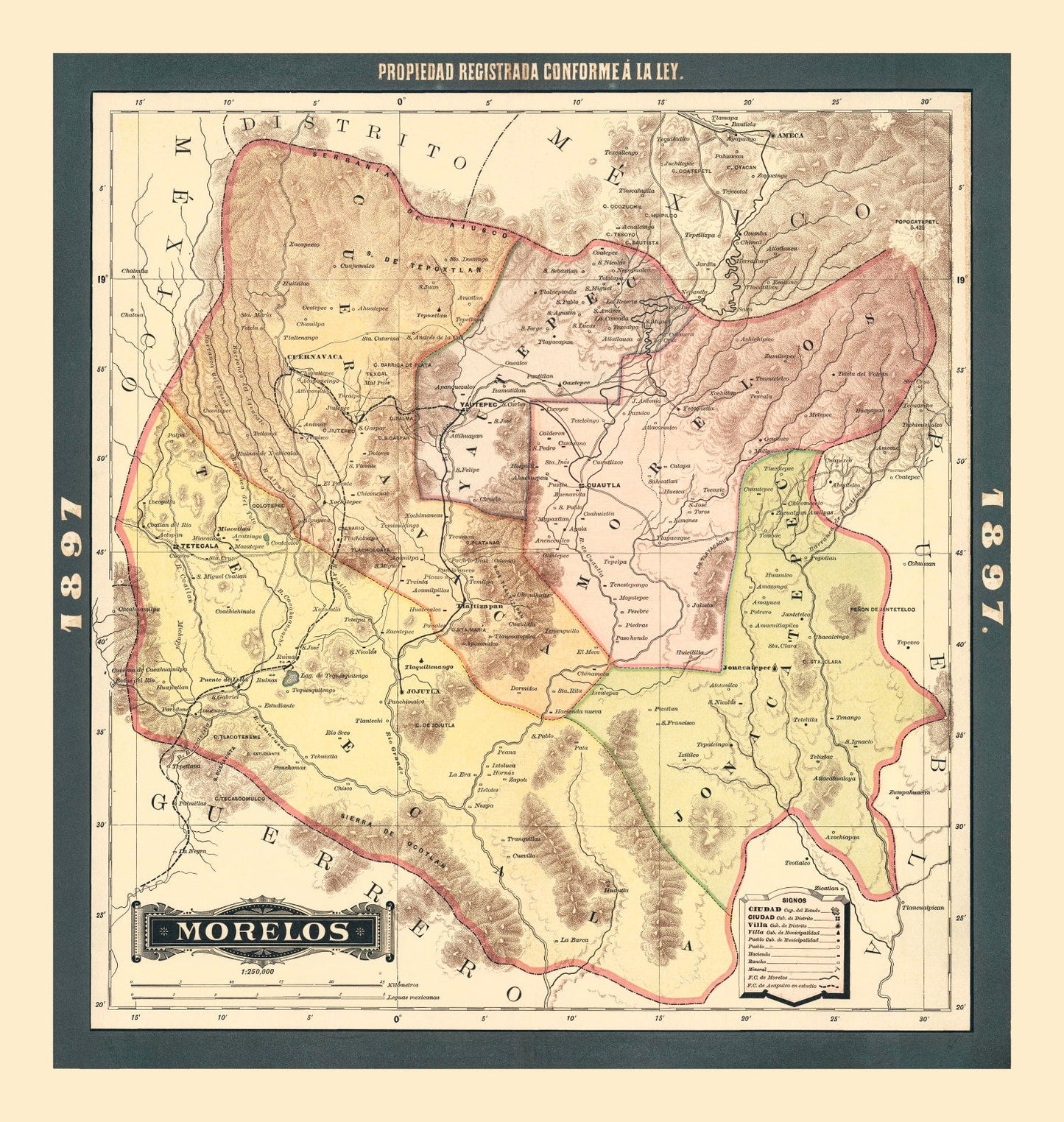 Vintage Map of Morelos, Mexico, 1897