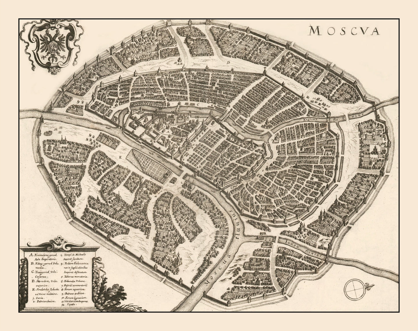 Vintage Map of Moscow, Russia, 1646