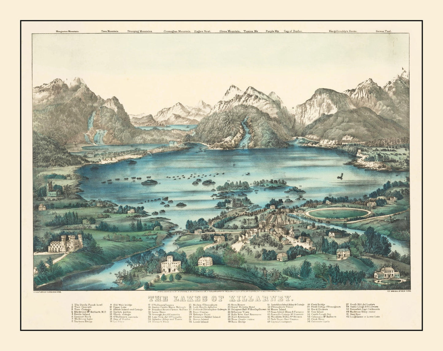 Vintage Lakes of Killarney, Ireland Map, 1867