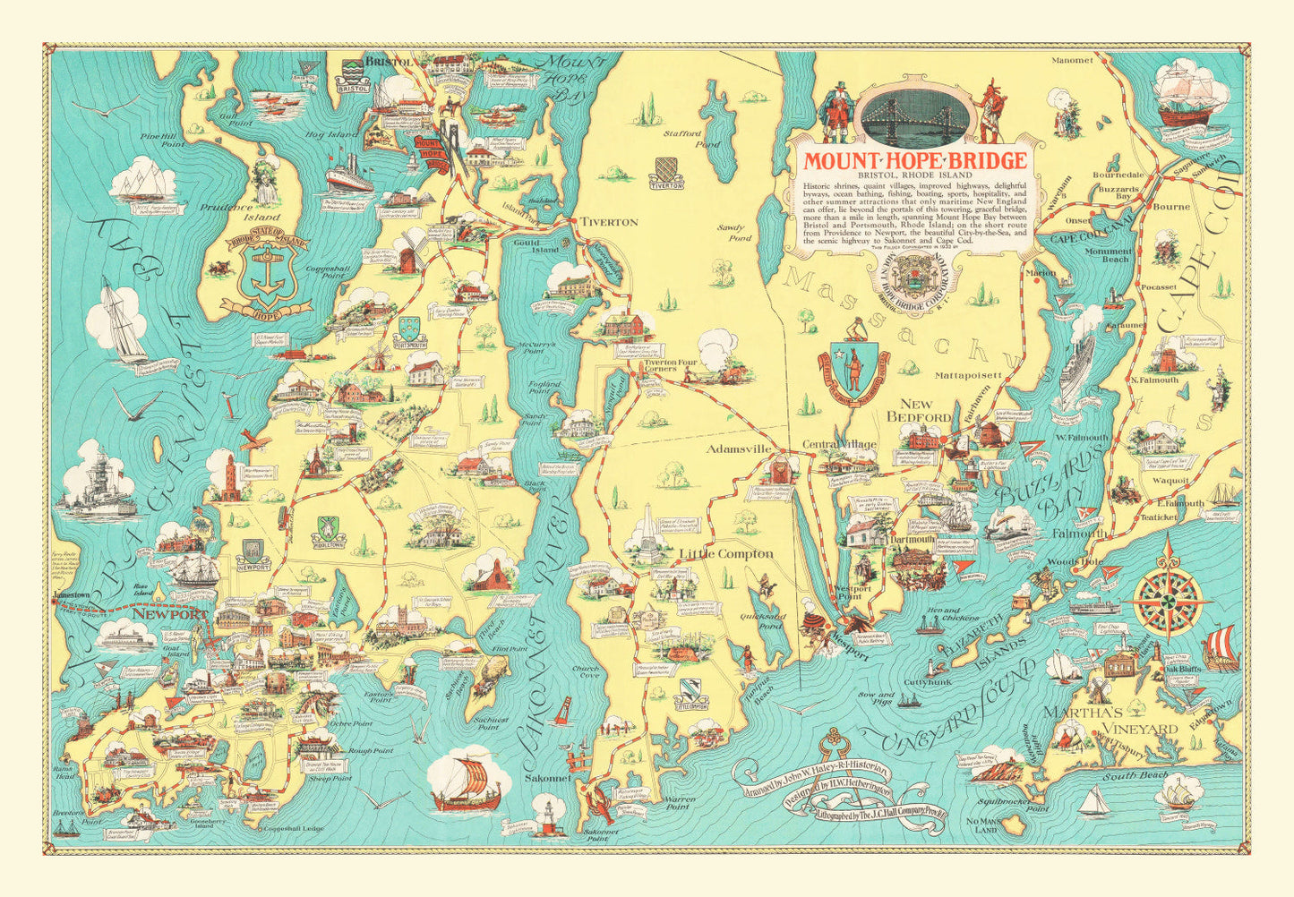 Vintage Map of Rhode Island and Massachusetts, 1933