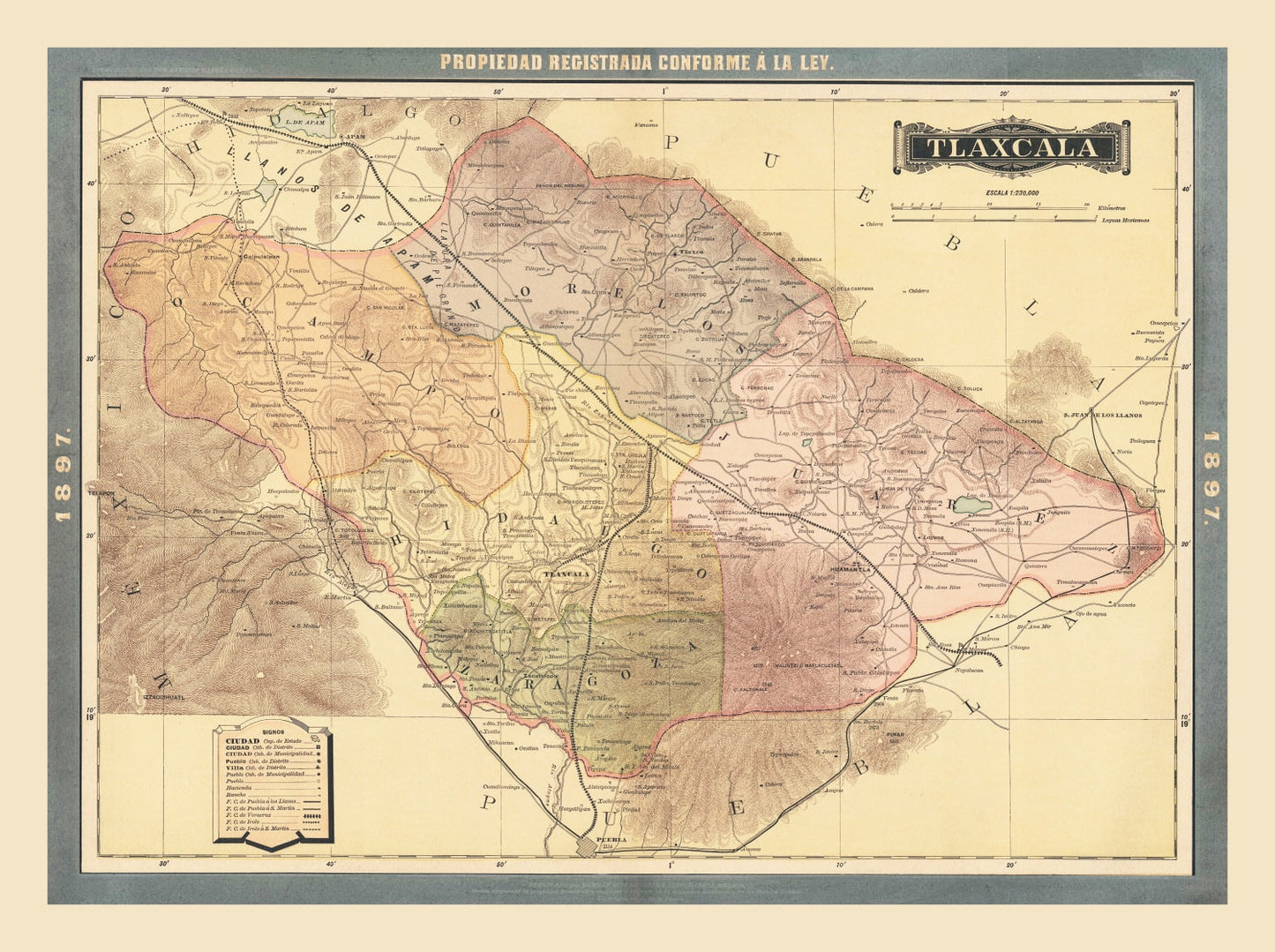 Vintage Map of Tlaxcala, Mexico, 1897