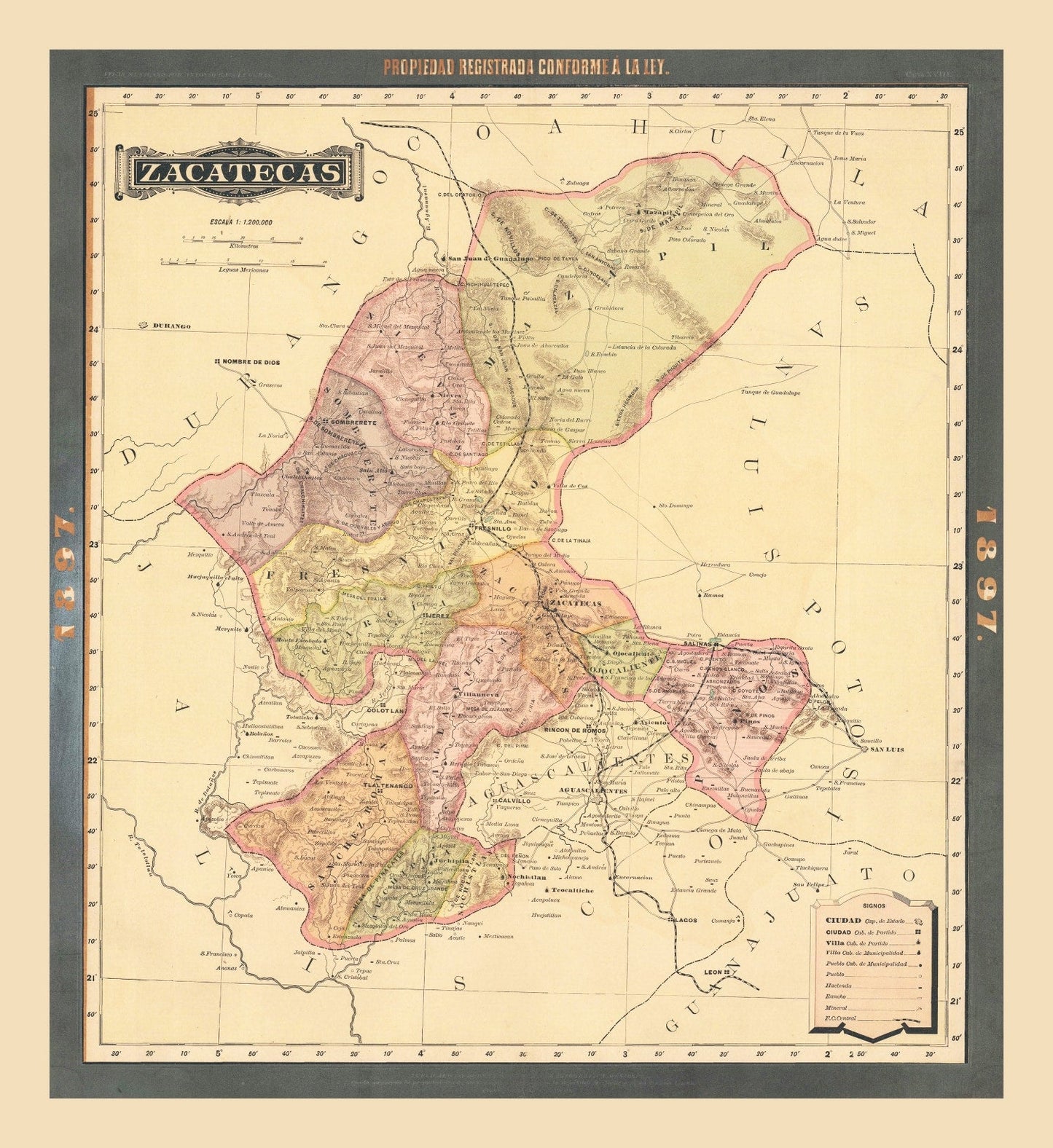 Vintage Map of Zacatecas, Mexico, 1897