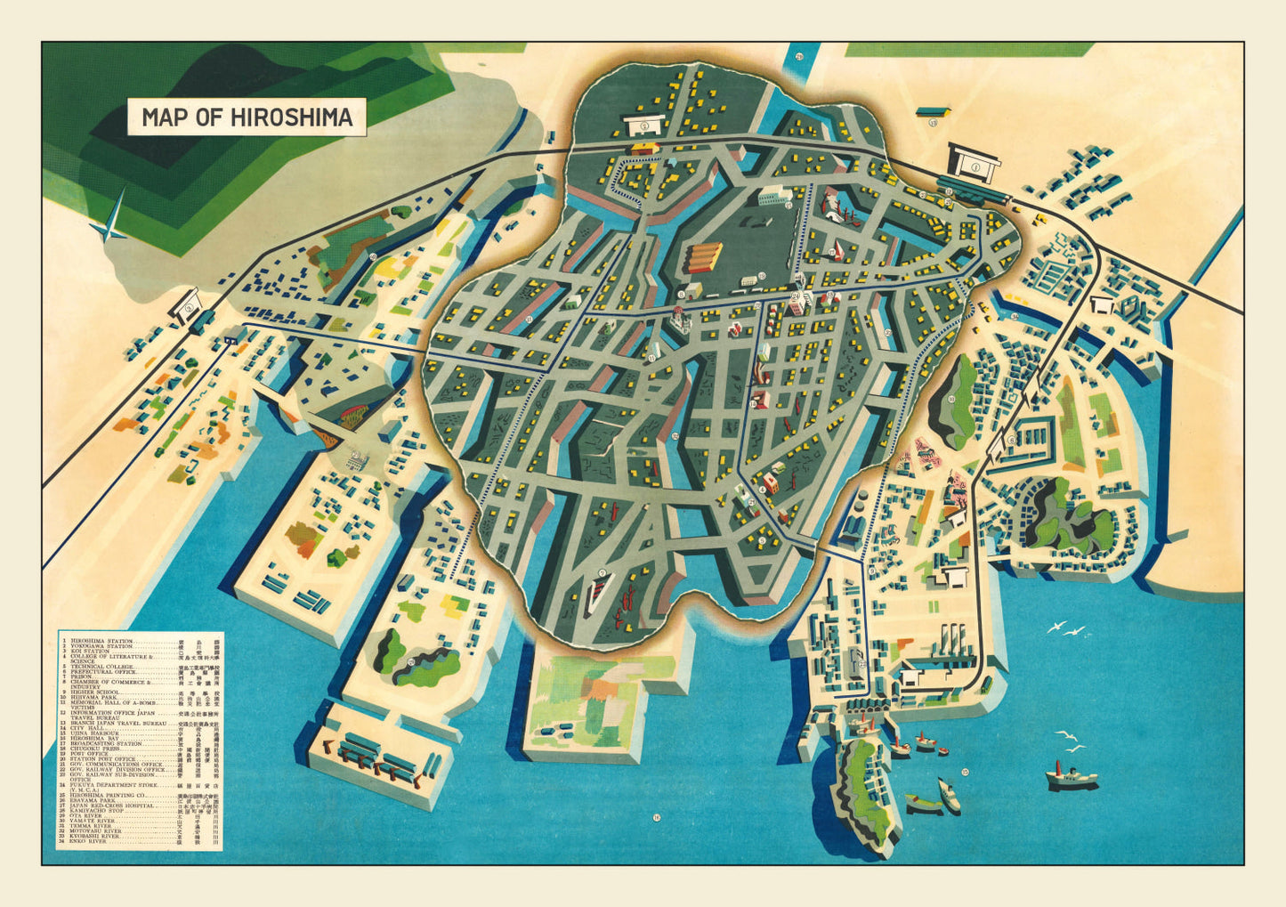 Vintage Map of Hiroshima, Japan, 1947