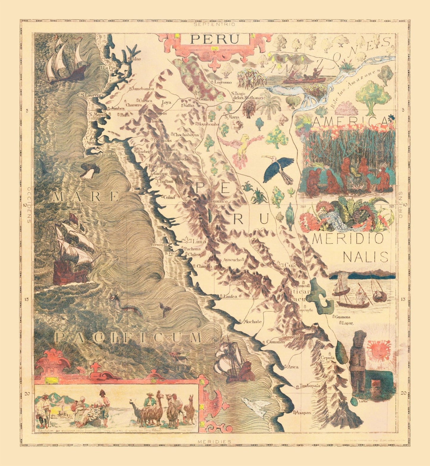 Vintage Pictorial Map of Peru, 1597