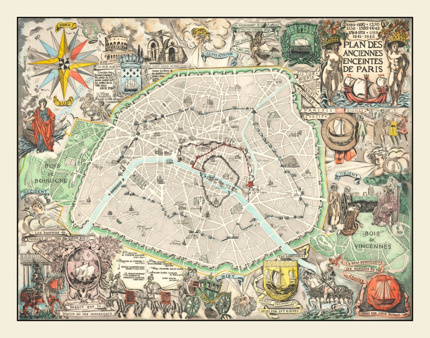 Vintage Map of Paris, France, 1937