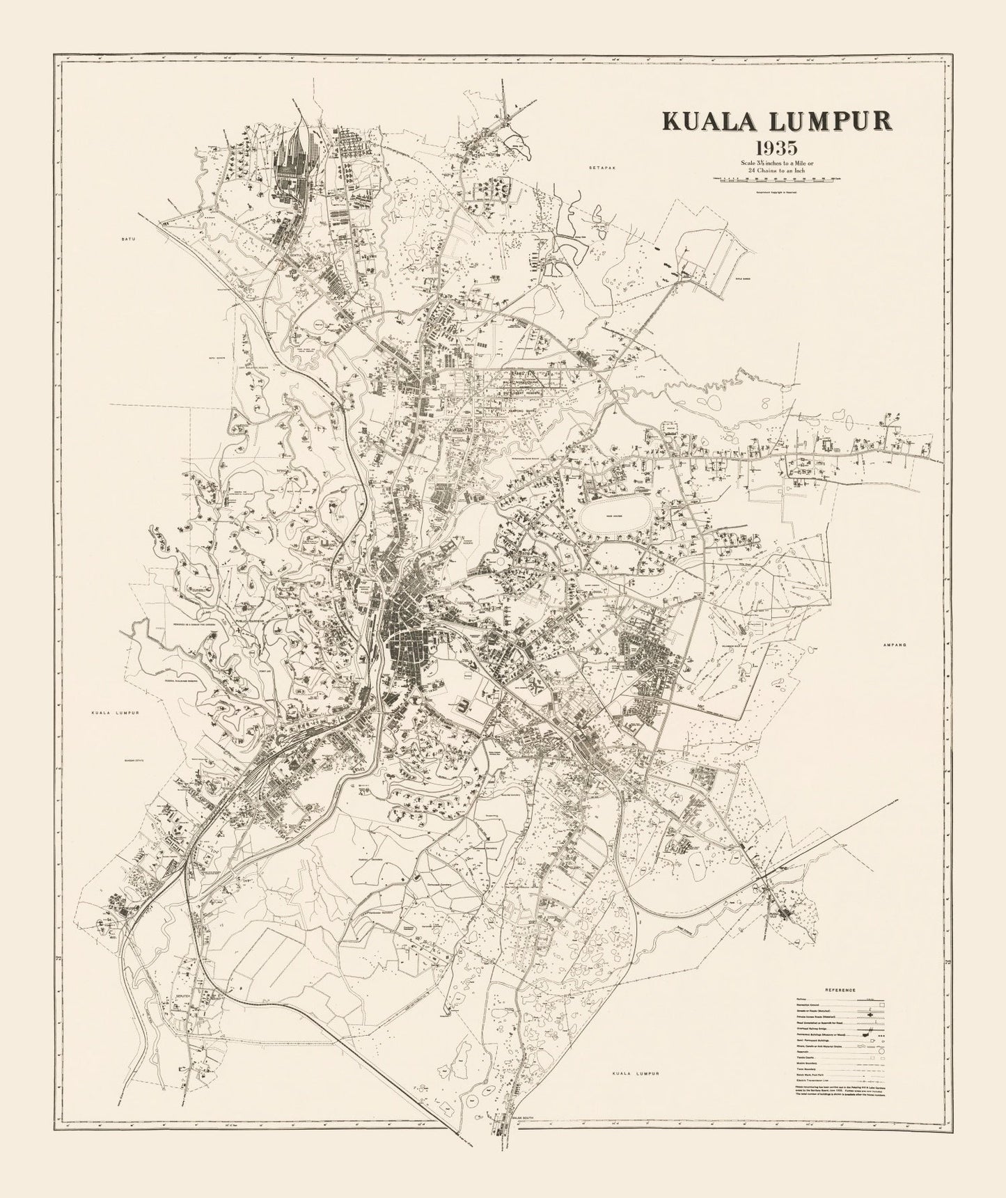 Vintage Map of Kuala Lumpur, Malaysia, 1936
