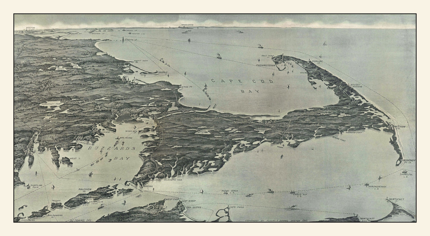 Vintage Cape Cod Bird's Eye View Map, 1915