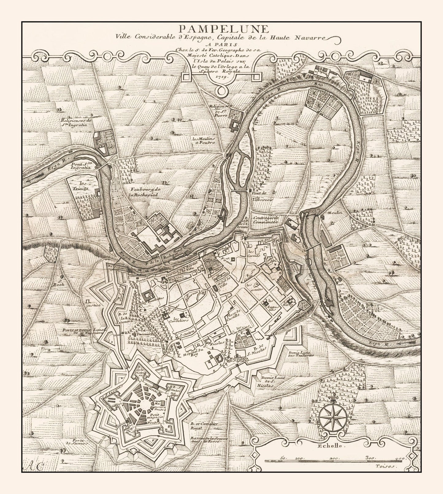 Vintage Map of Pamplona, Spain, 1719