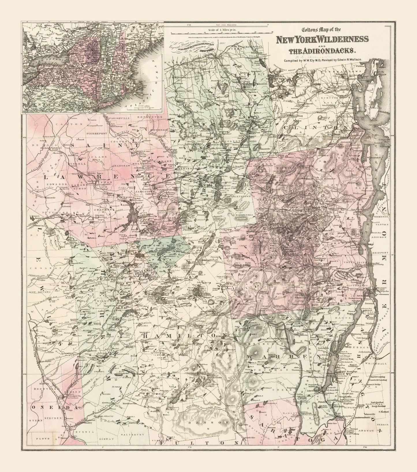 Vintage Map of the Adirondacks, New York, 1894