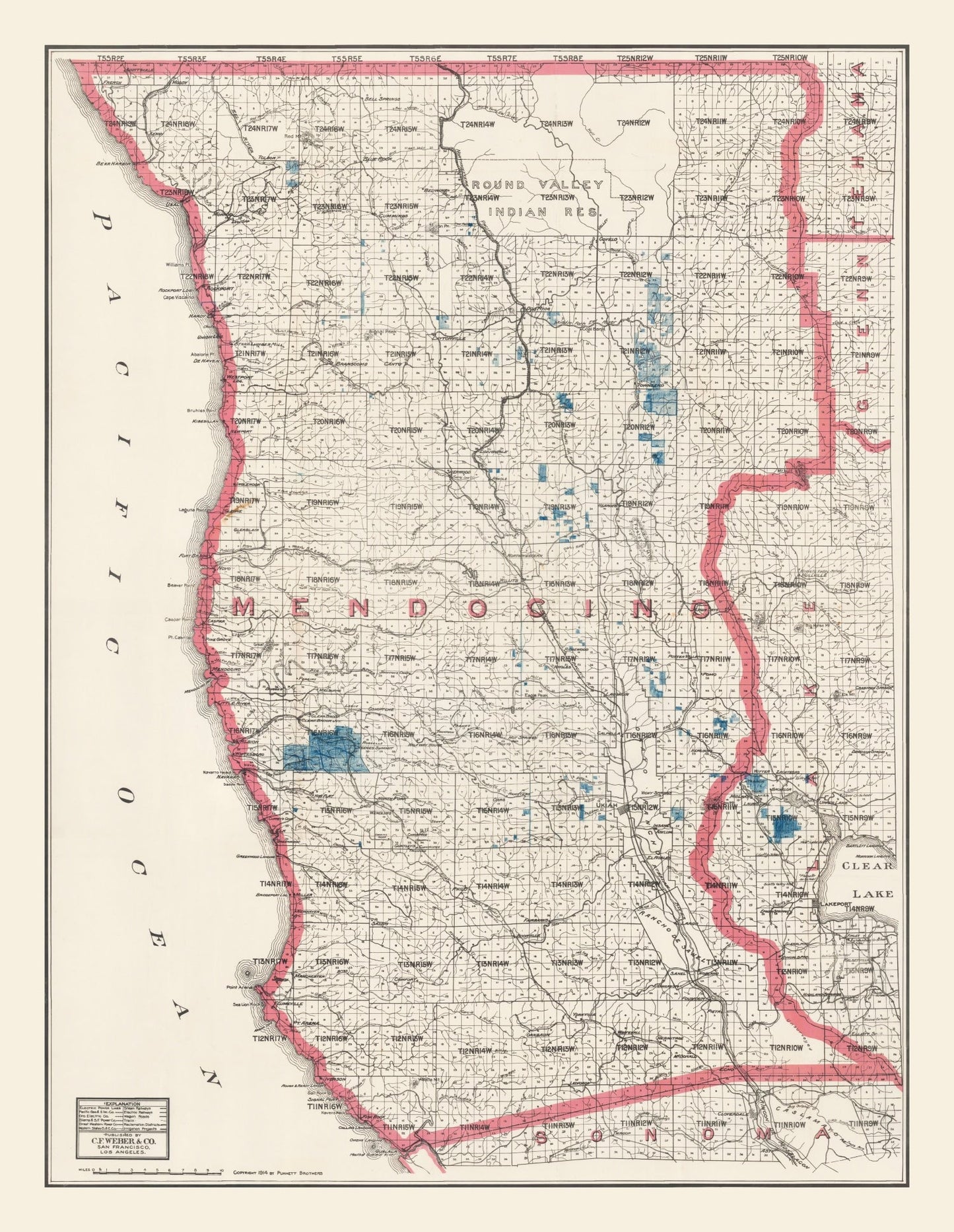 Vintage Map of Mendocino County, California, 1914