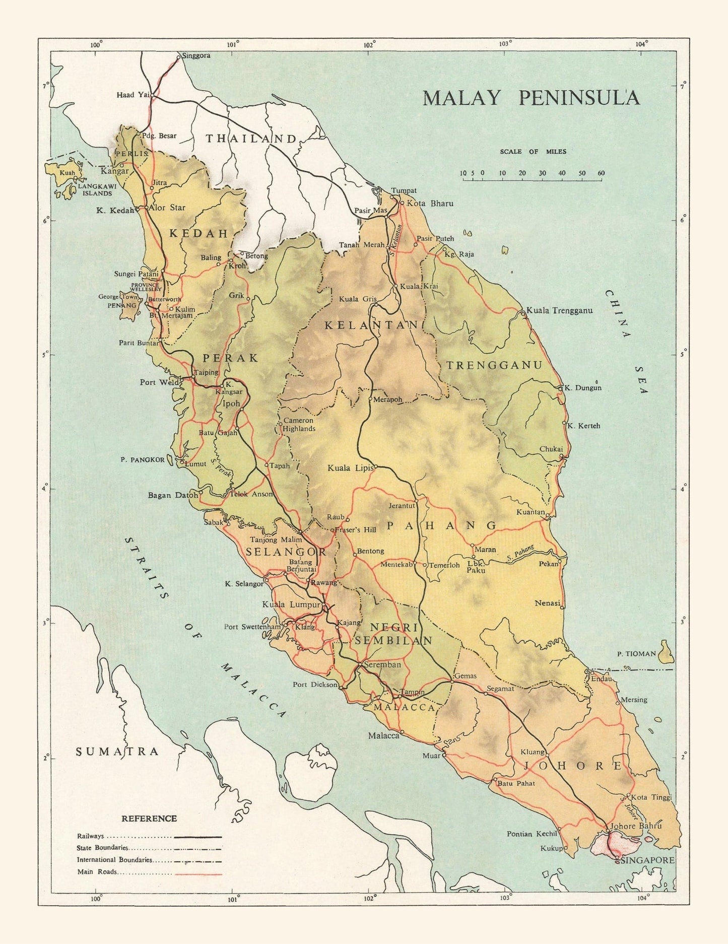 Vintage Malay Peninsula Map, 1955