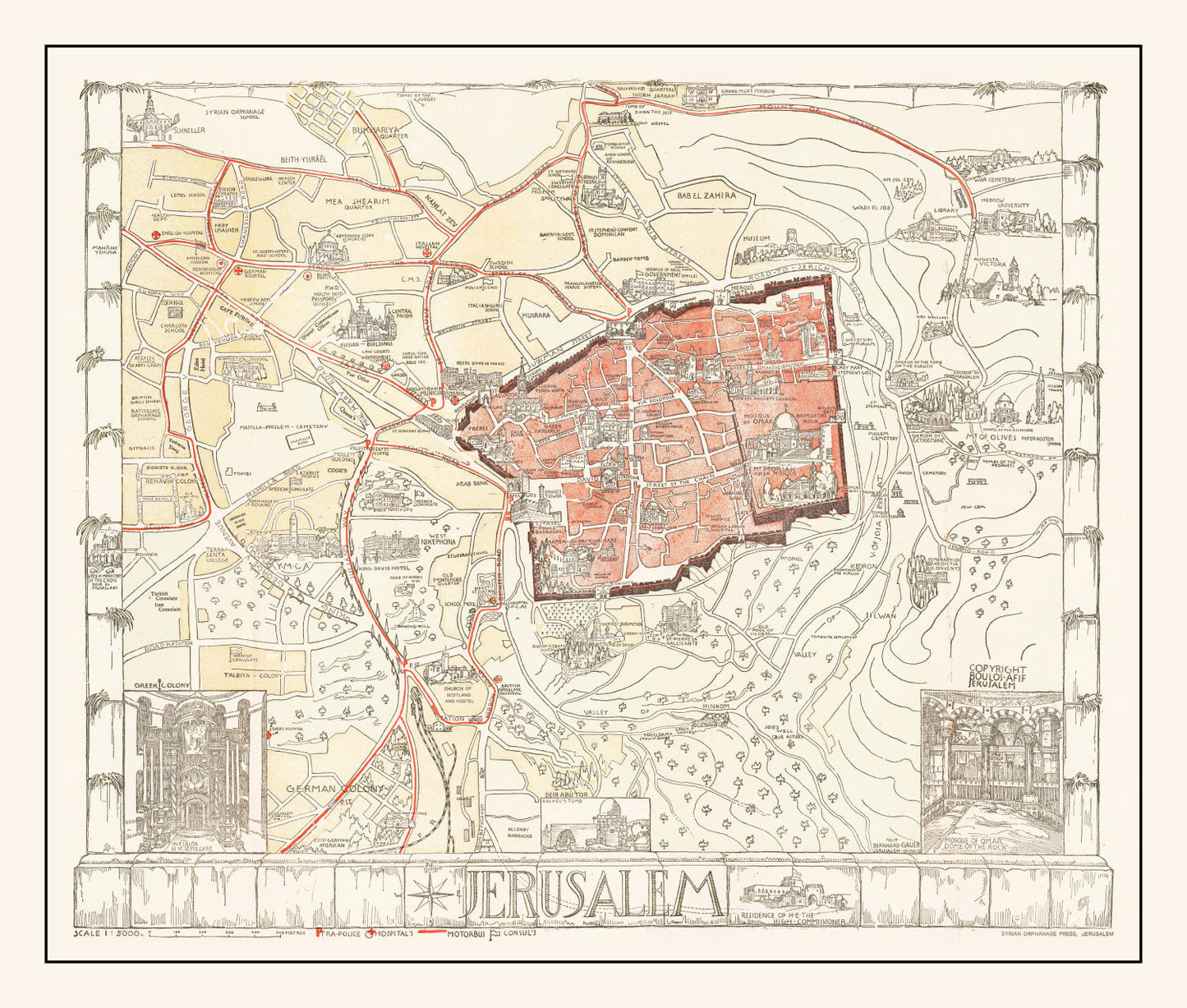 Vintage Map of Jerusalem, Israel, 1935