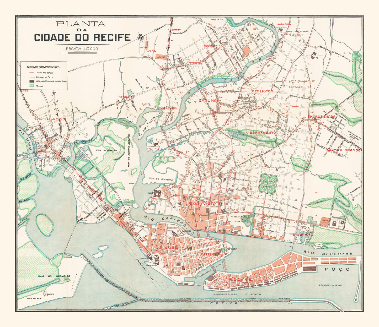 Vintage Map of Recife, Brazil, 1914
