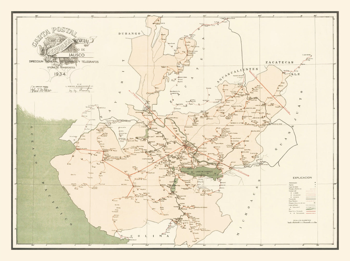 Vintage Jalisco, Mexico Map, 1934