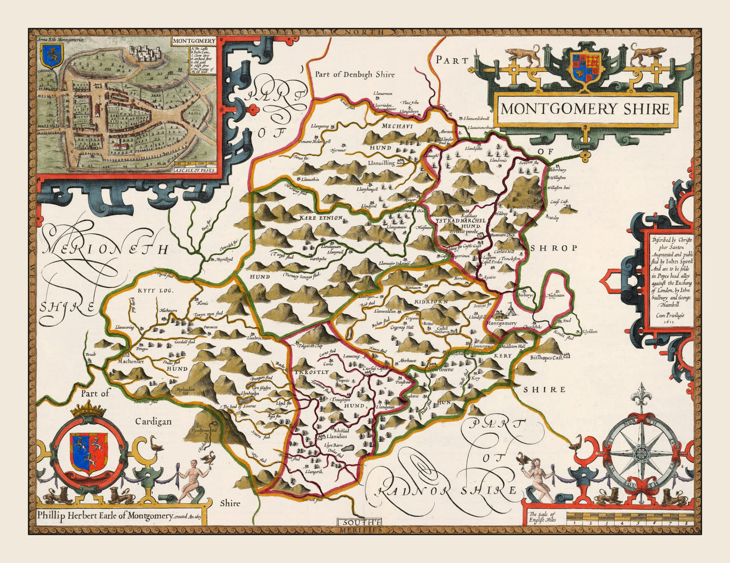 Vintage Map of Montgomeryshire, Wales, 1646