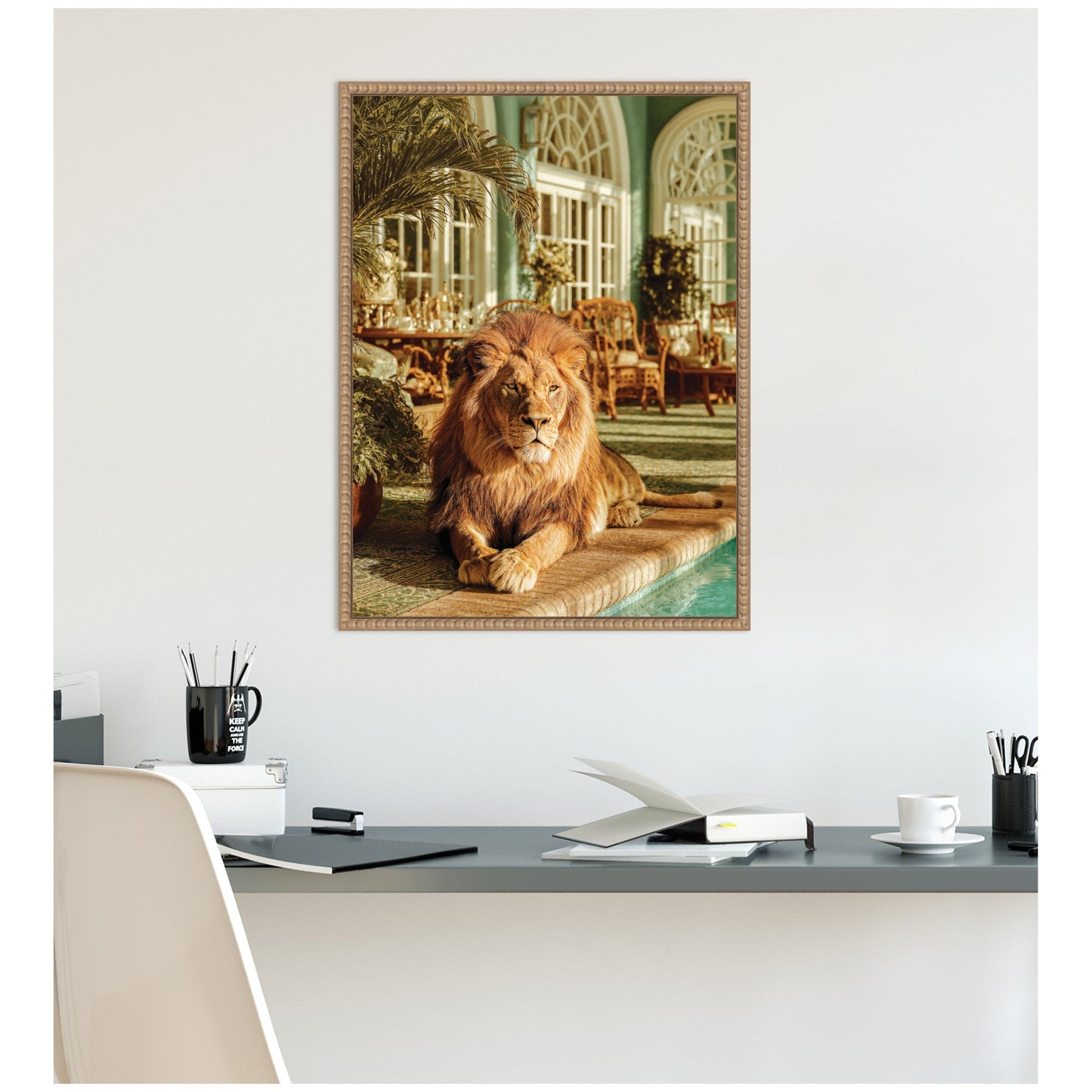 Majestic Lion by the Pool Framed Canvas Wall Art