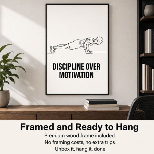 Poster 'Discipline boven motivatie' — Ingelijste minimalistische lijntekening