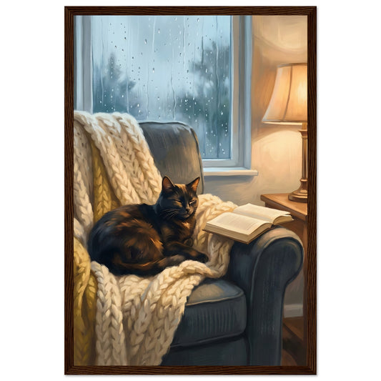Cozy Cat Reading Poster - The Finishing Touch Your Reading Nook Needs - 30x45 cm / 12x18″ - Dark wood frame / Ready-to-hang - Sparkycare