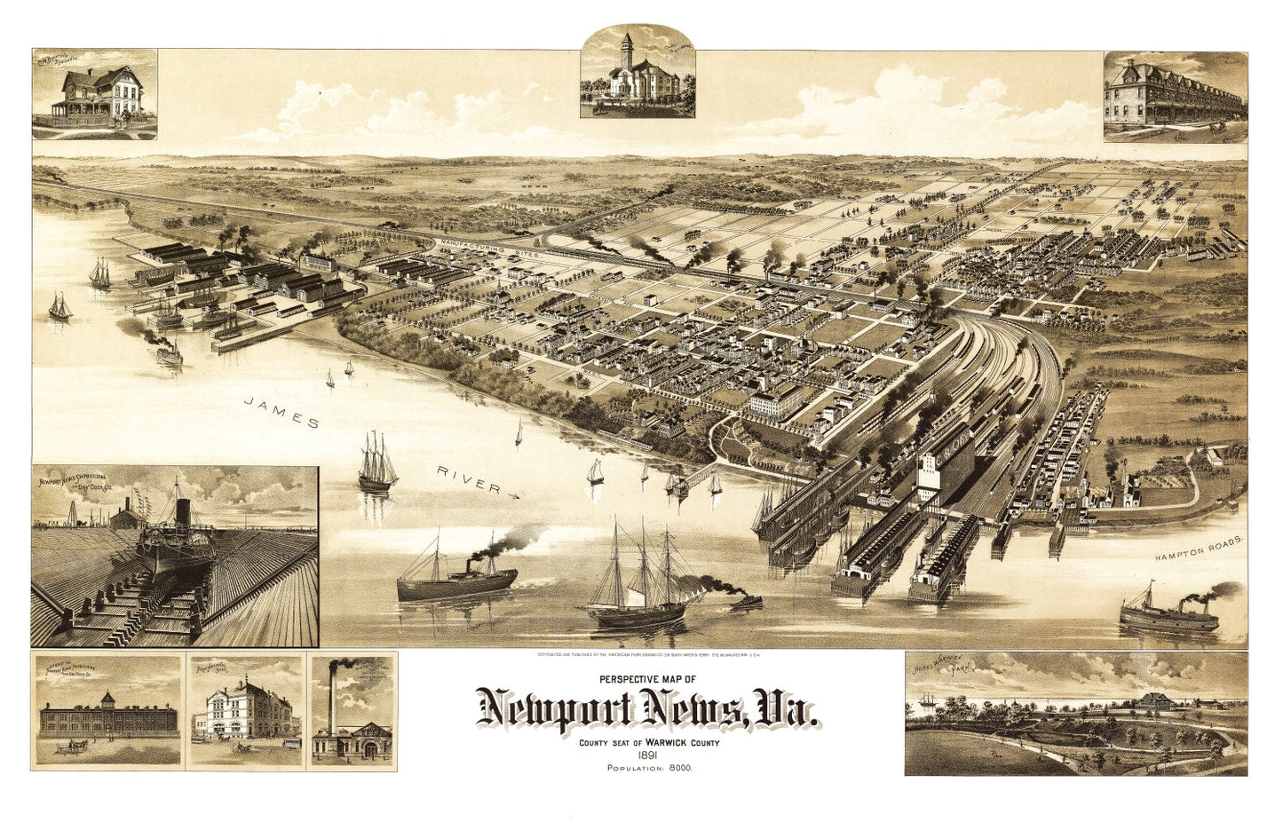 Vintage Map of Newport News, Virginia, 1891