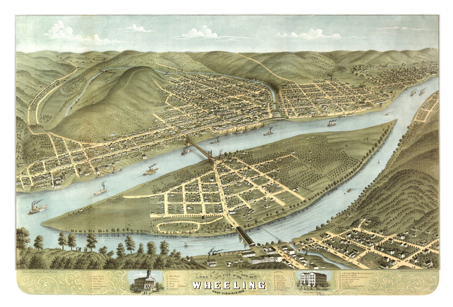 Vintage Map of Wheeling, West Virginia, 1870