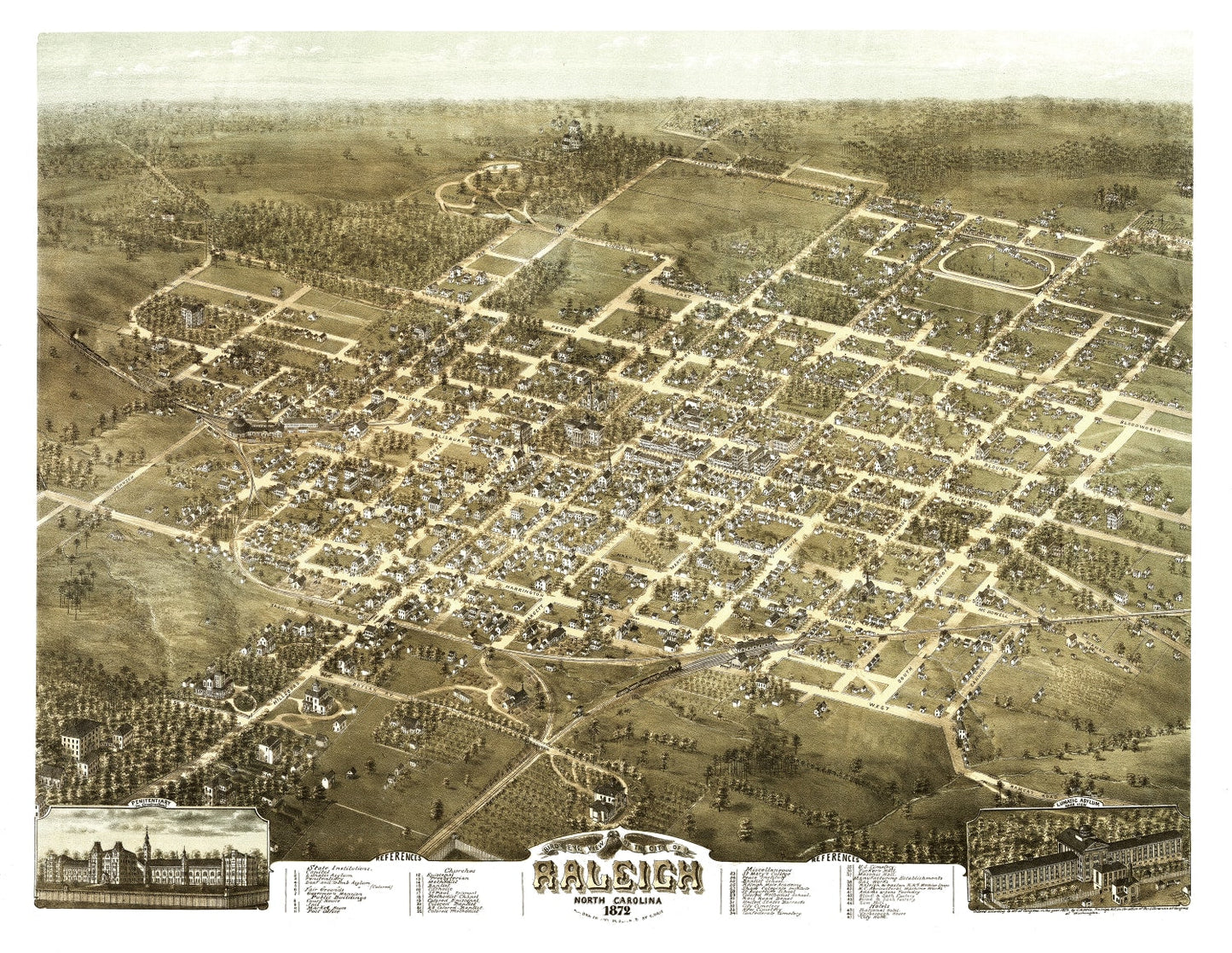 Vintage Map of Raleigh, North Carolina, 1872