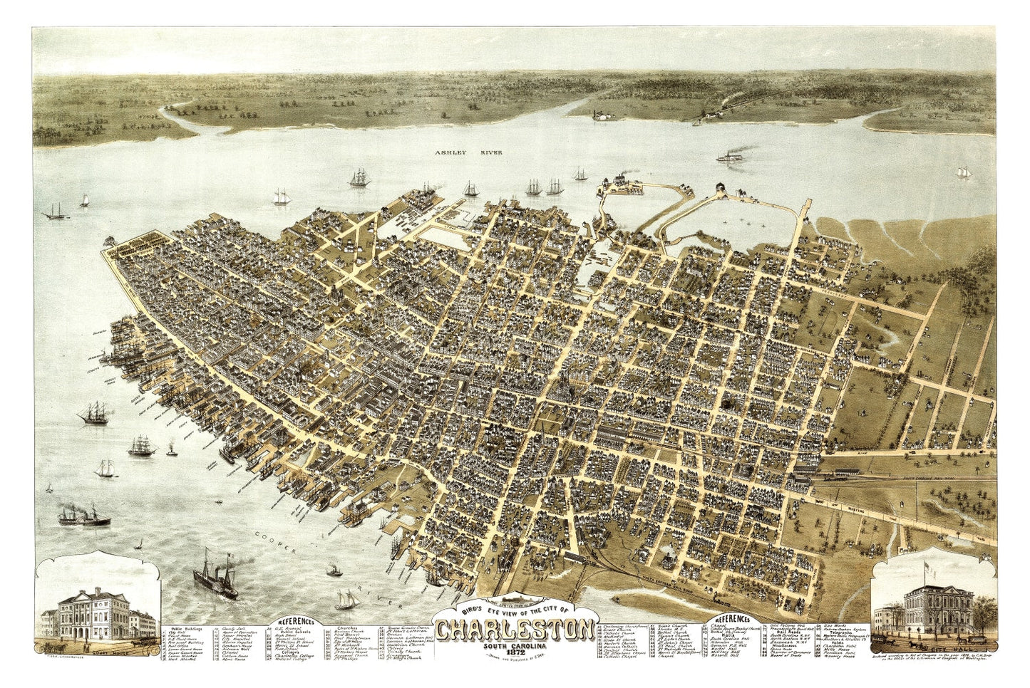 Vintage Map of Charleston, South Carolina, 1872 Wall Art