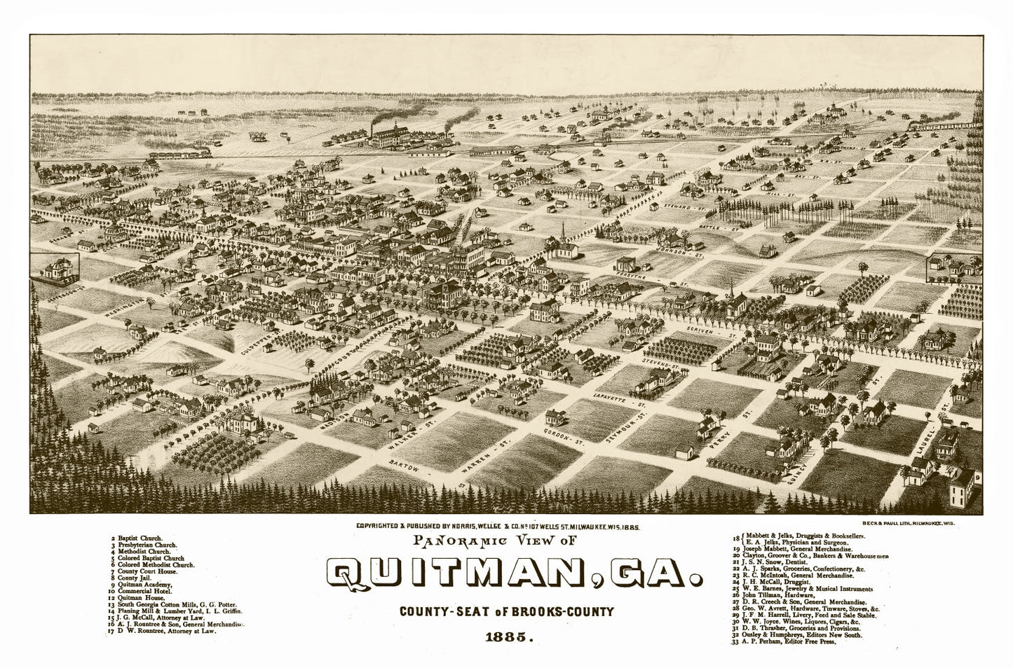 Vintage Map of Quitman, Brooks County, Georgia, 1885