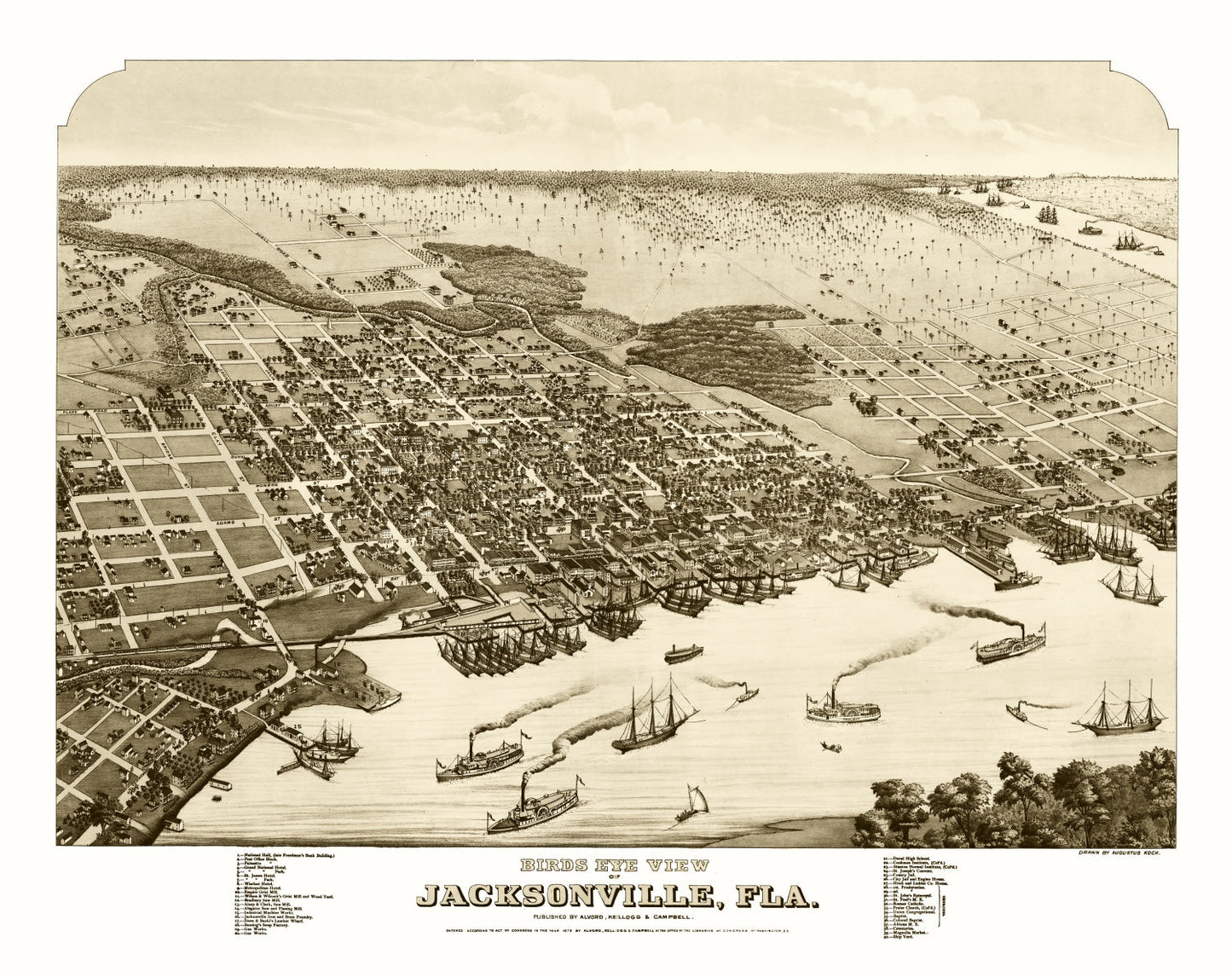 Vintage Map of Jacksonville, Duval County, Florida, 1876