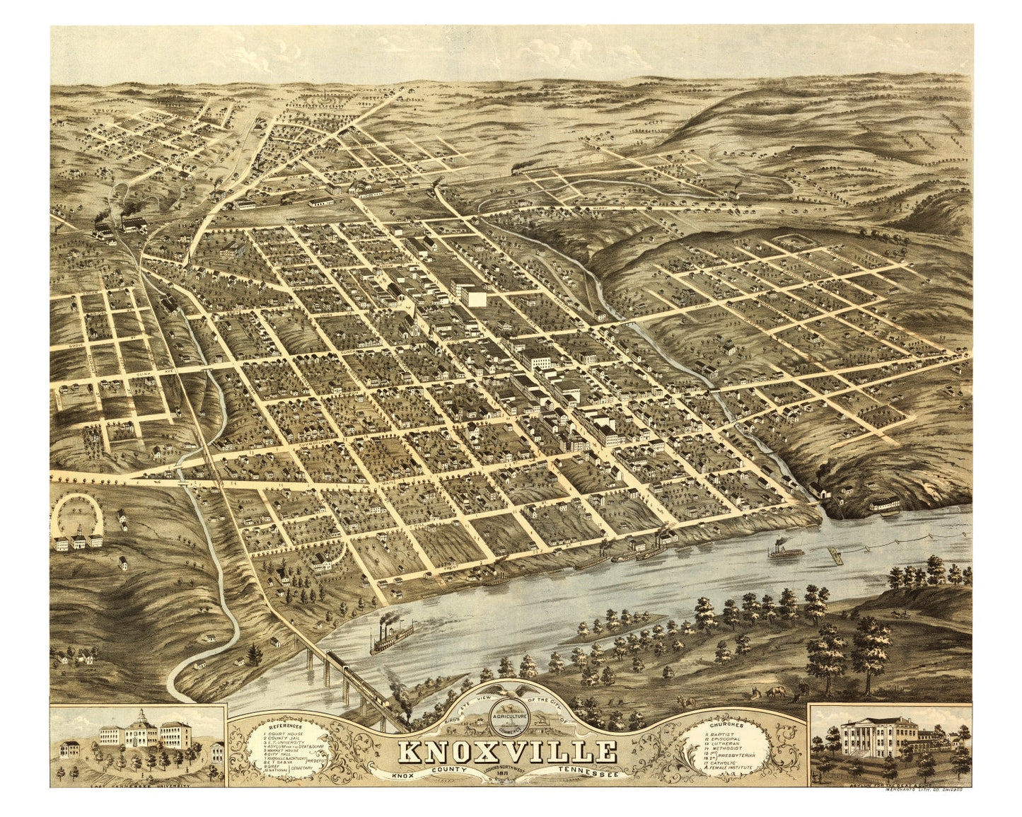 Vintage Map of Knoxville, Knox County, Tennessee, 1871