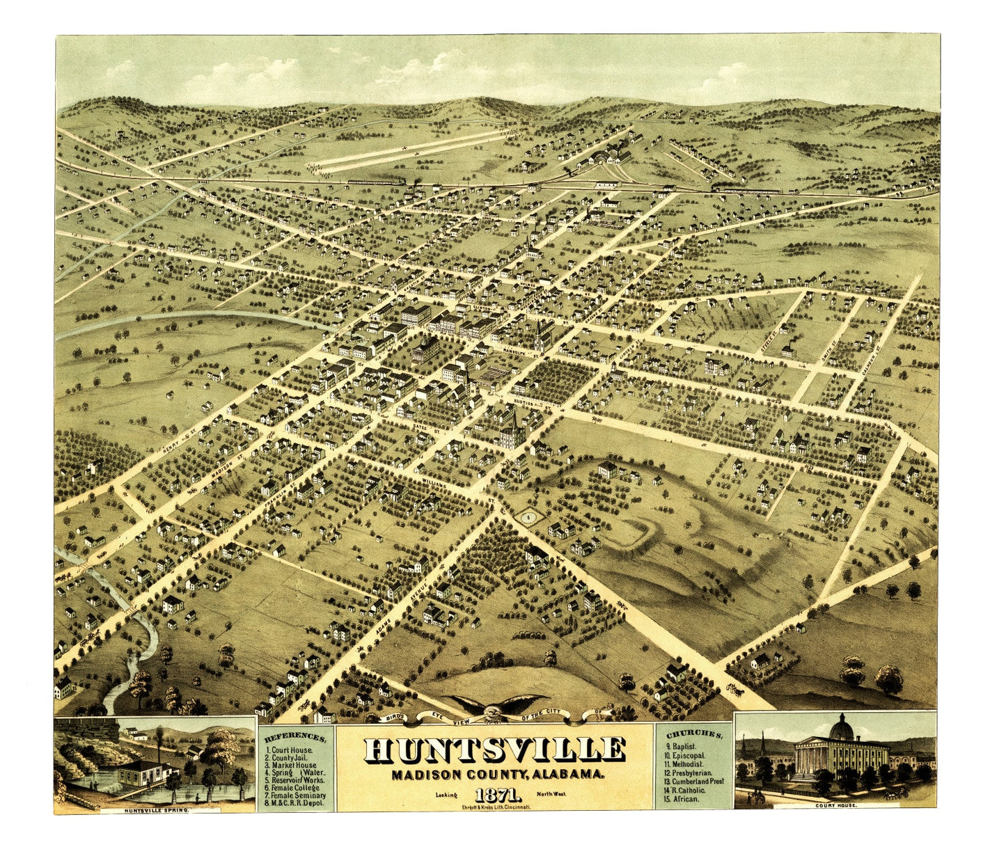 Vintage Map of Huntsville, Madison County, Alabama, 1871