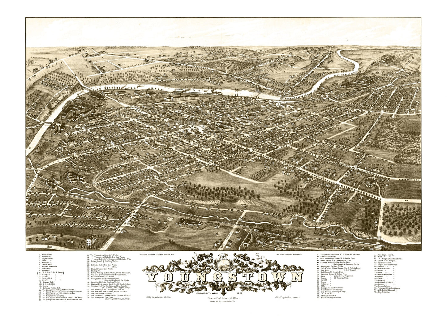 Vintage Map of Youngstown, Ohio, 1882