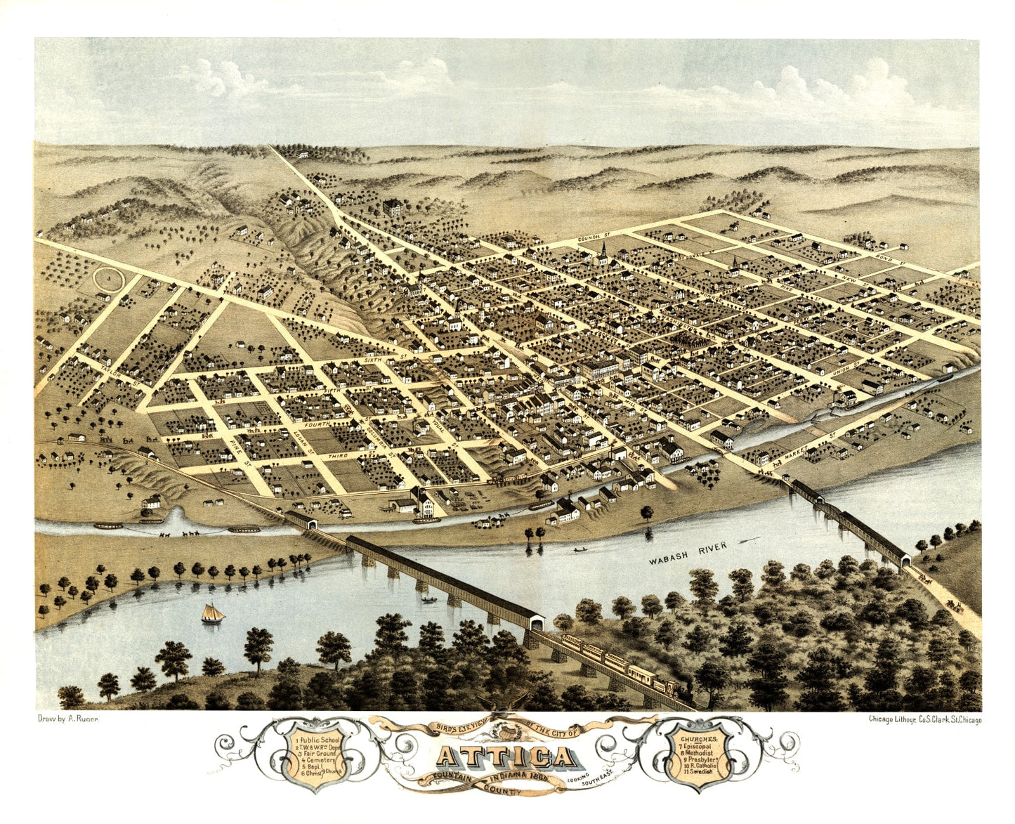 Vintage Map of Attica, Indiana, 1869