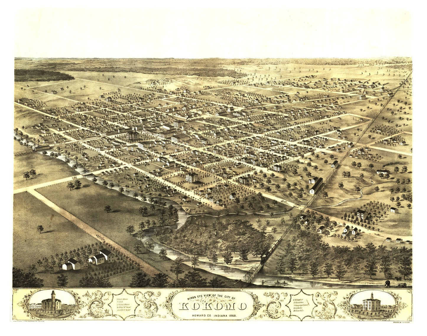 Vintage Map of Kokomo, Indiana, 1868