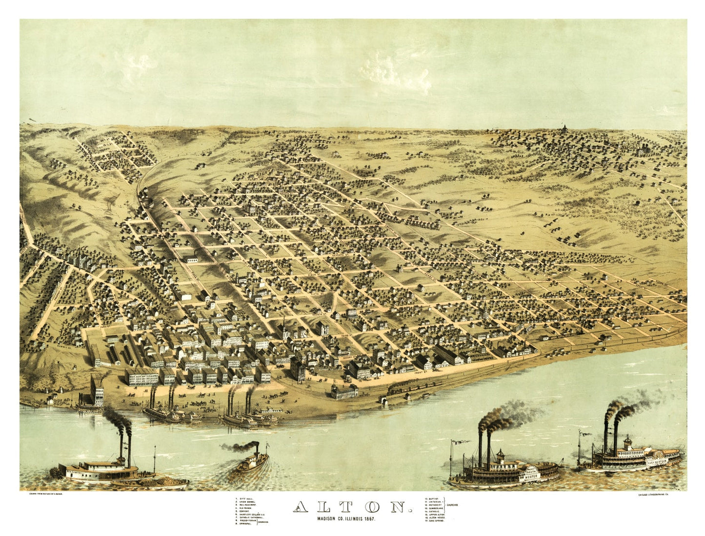 Vintage Map of Alton, Illinois, 1867