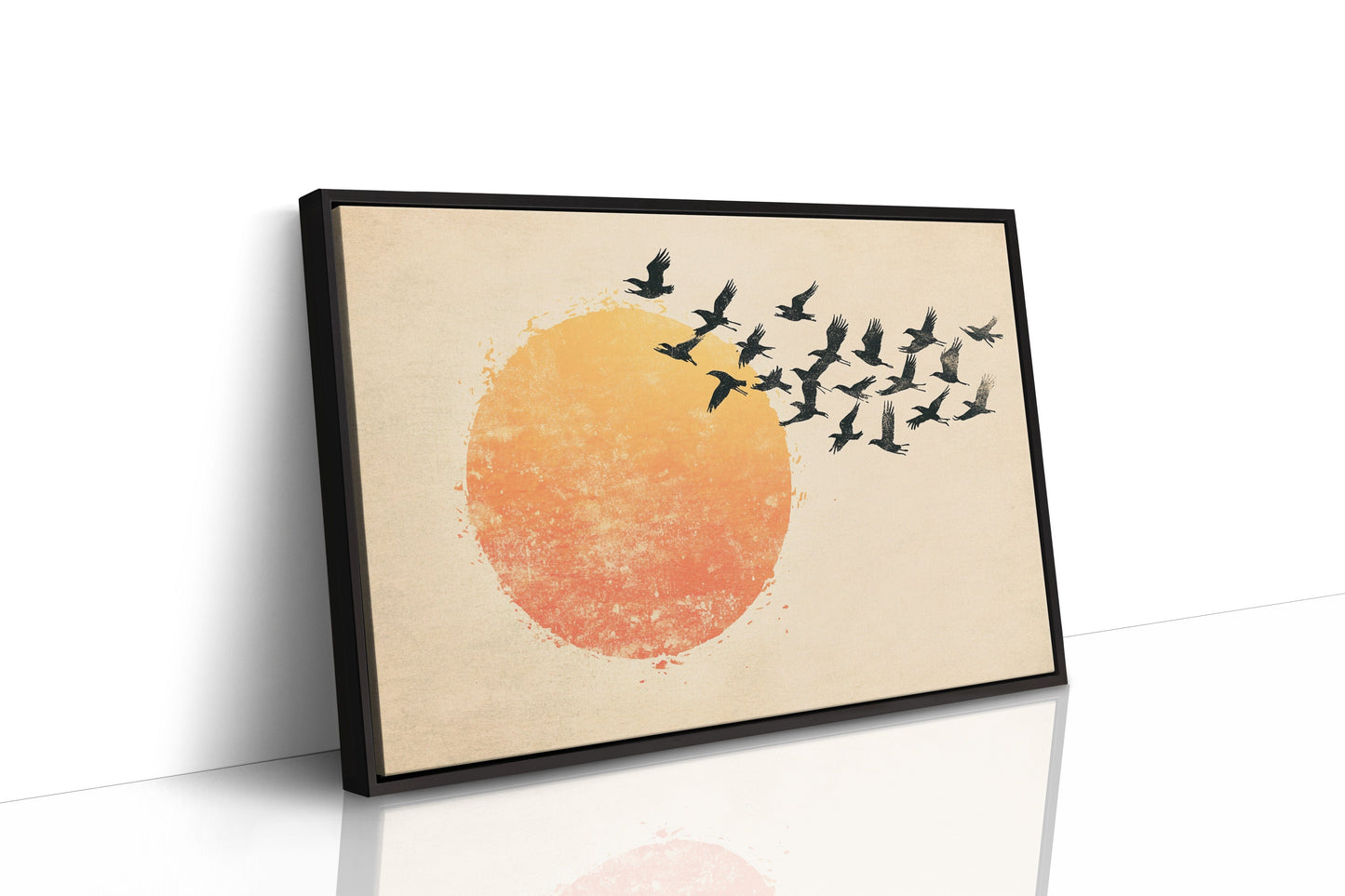 Japanese Birds and Sun Wall Art - Vintage Ink Print