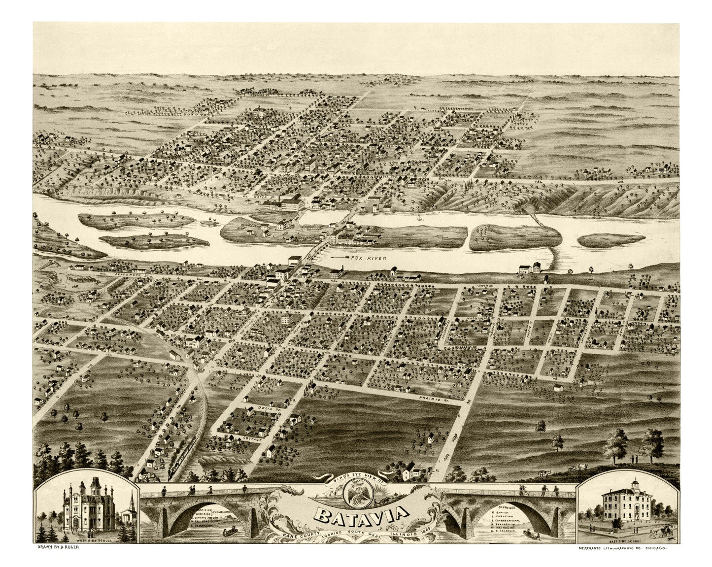 Vintage Map of Batavia, Illinois, 1869