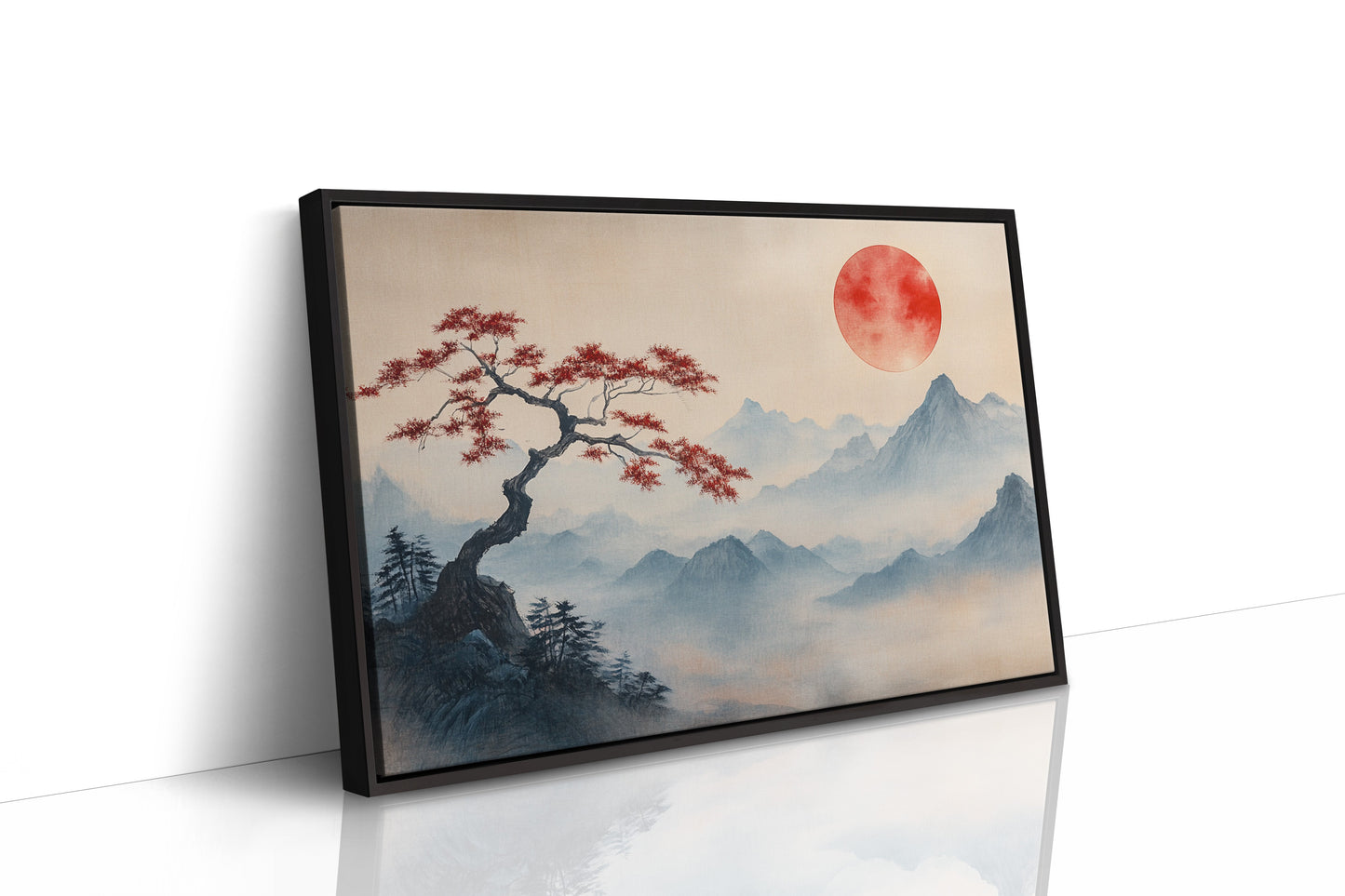 Japanese Red Sun and Bonsai Mountain Wall Art Print