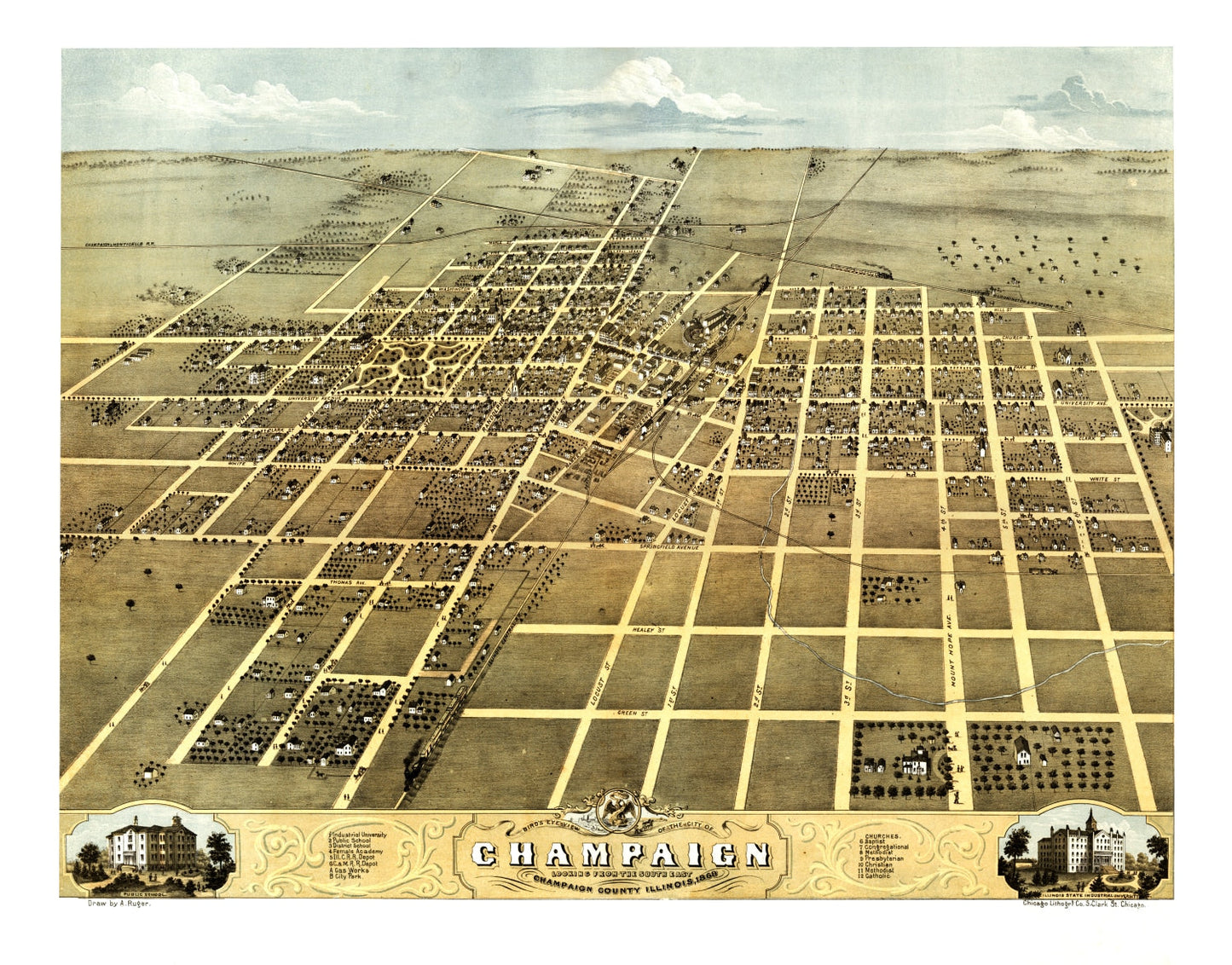 Vintage Map of Champaign, Illinois, 1869 Wall Art