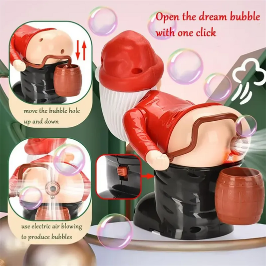 Santa-shaped bubble machine with instructions on how to use it