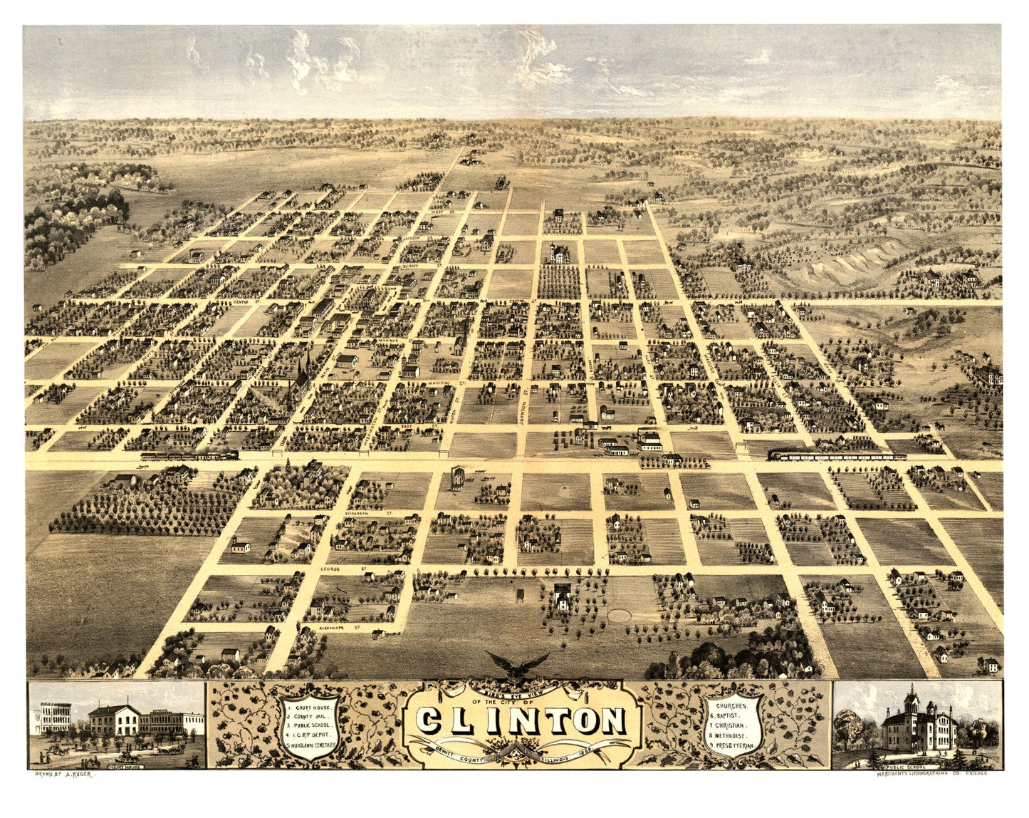 Vintage Map of Clinton, Illinois, 1869