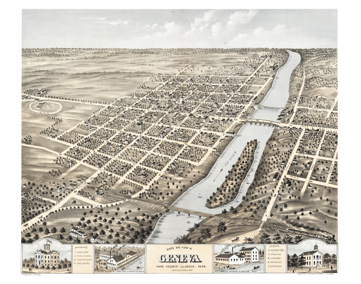 Vintage Map of Geneva, Illinois, 1869