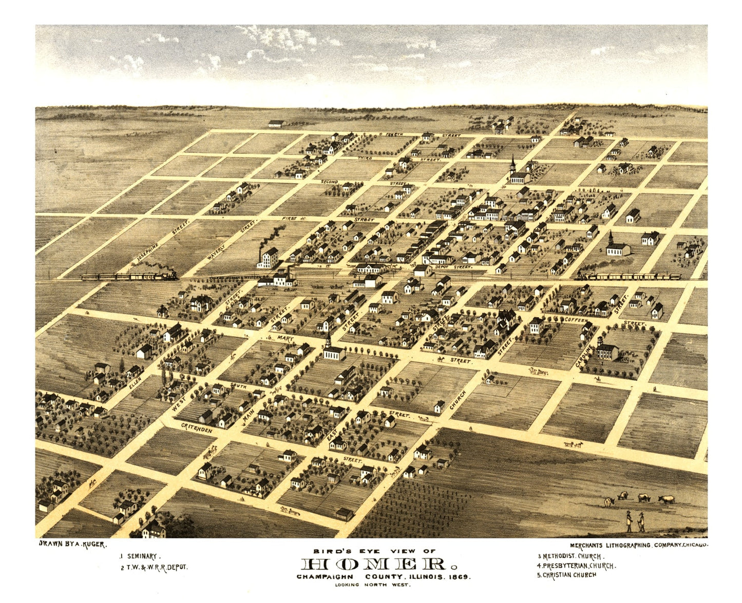 Vintage Map of Homer, Champaign County, Illinois, 1869