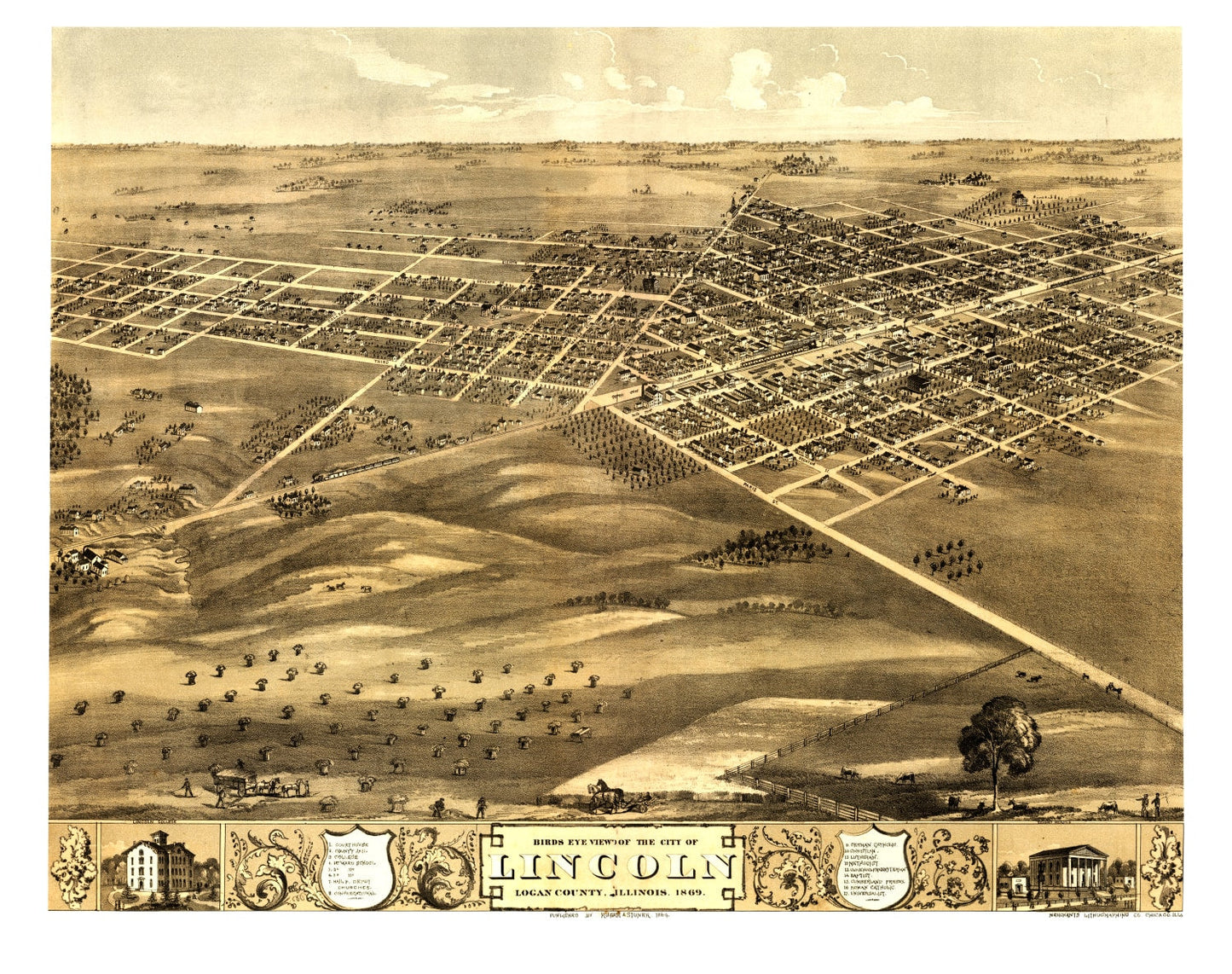 Vintage Map of Lincoln, Illinois, 1869