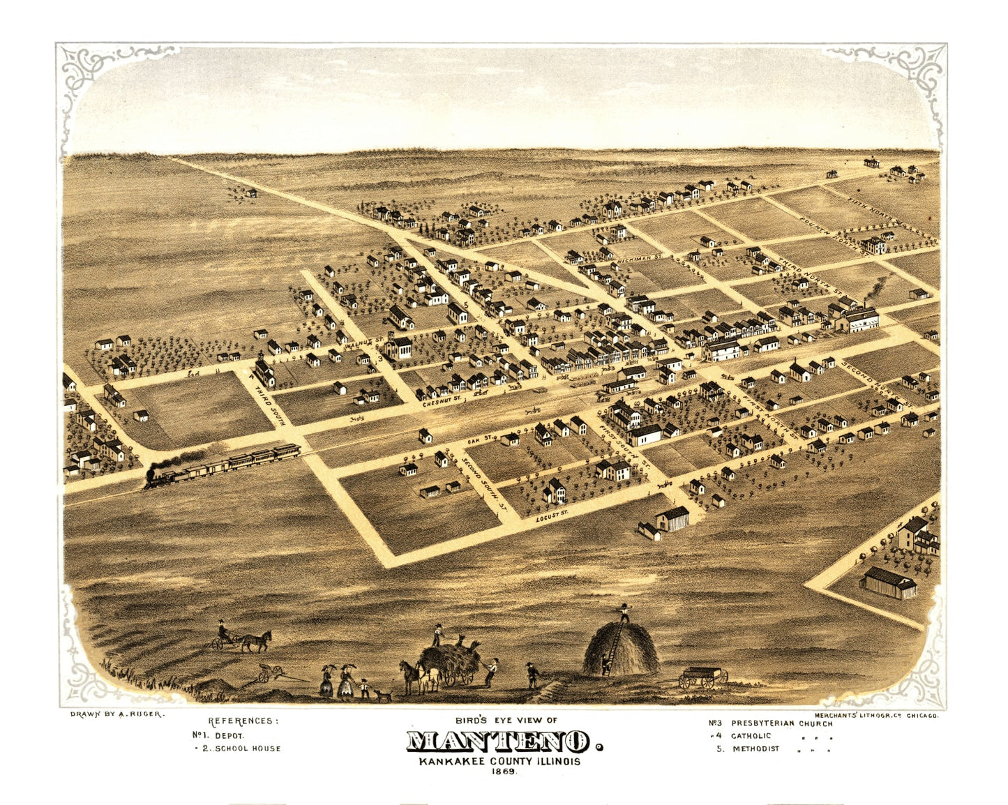 Vintage Map of Manteno, Illinois, 1869
