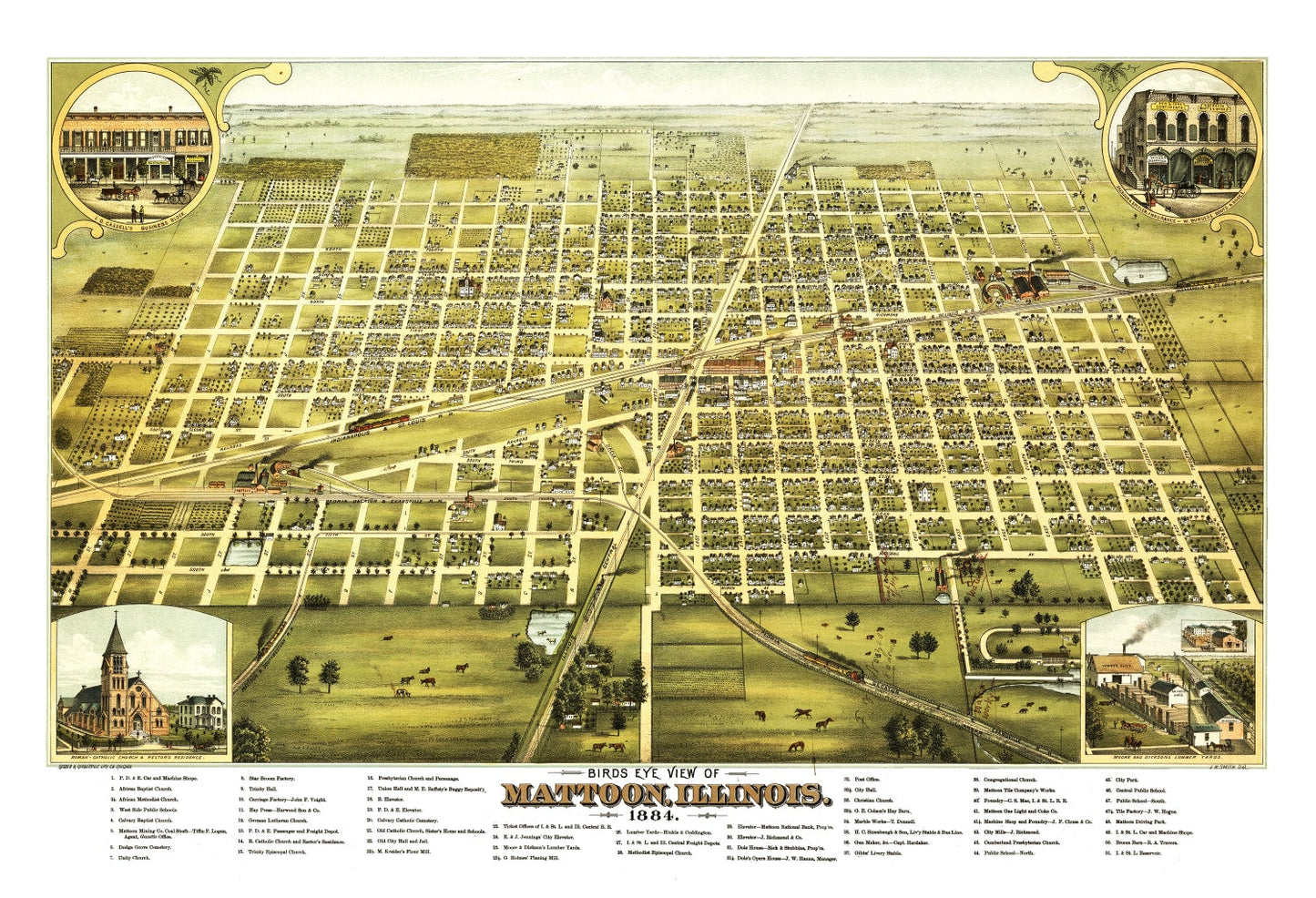 Vintage Map of Mattoon, Illinois, 1884