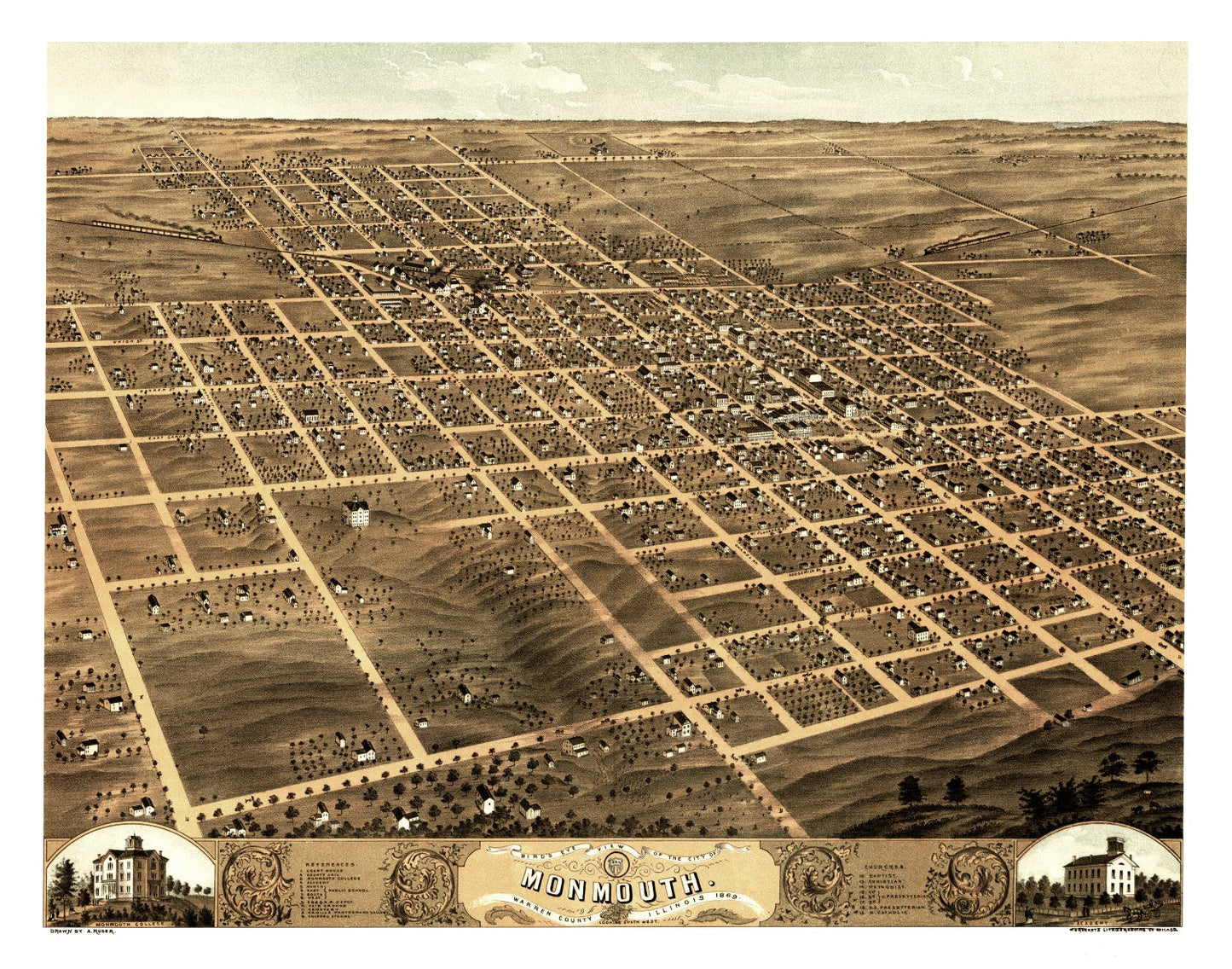 Vintage Map of Monmouth, Illinois, 1869