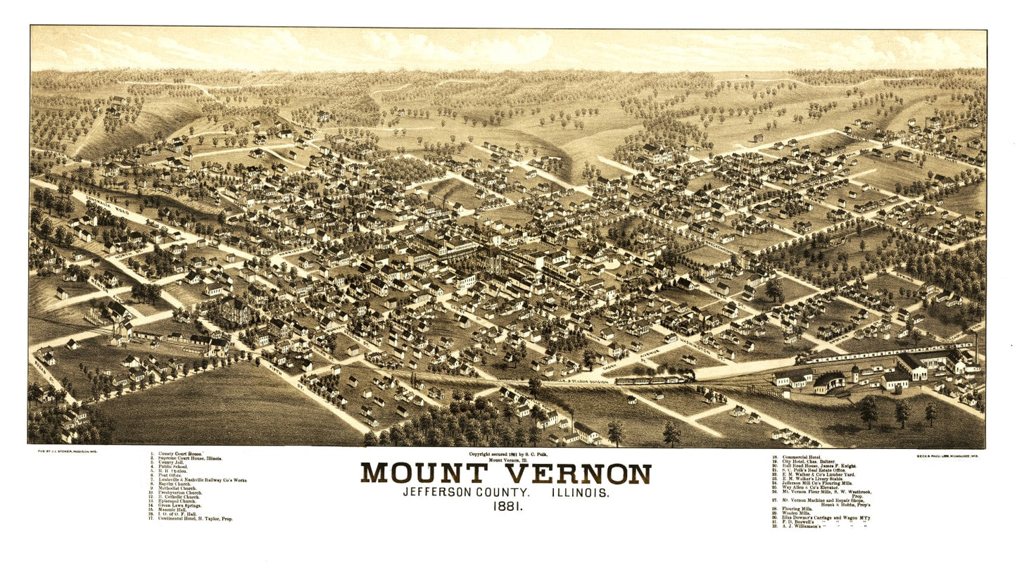 Vintage Map of Mount Vernon, Illinois, 1881
