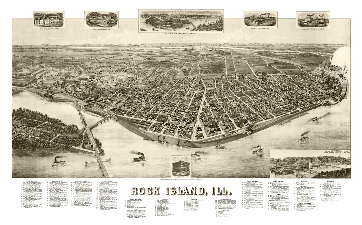 Vintage Map of Rock Island, Illinois, 1889