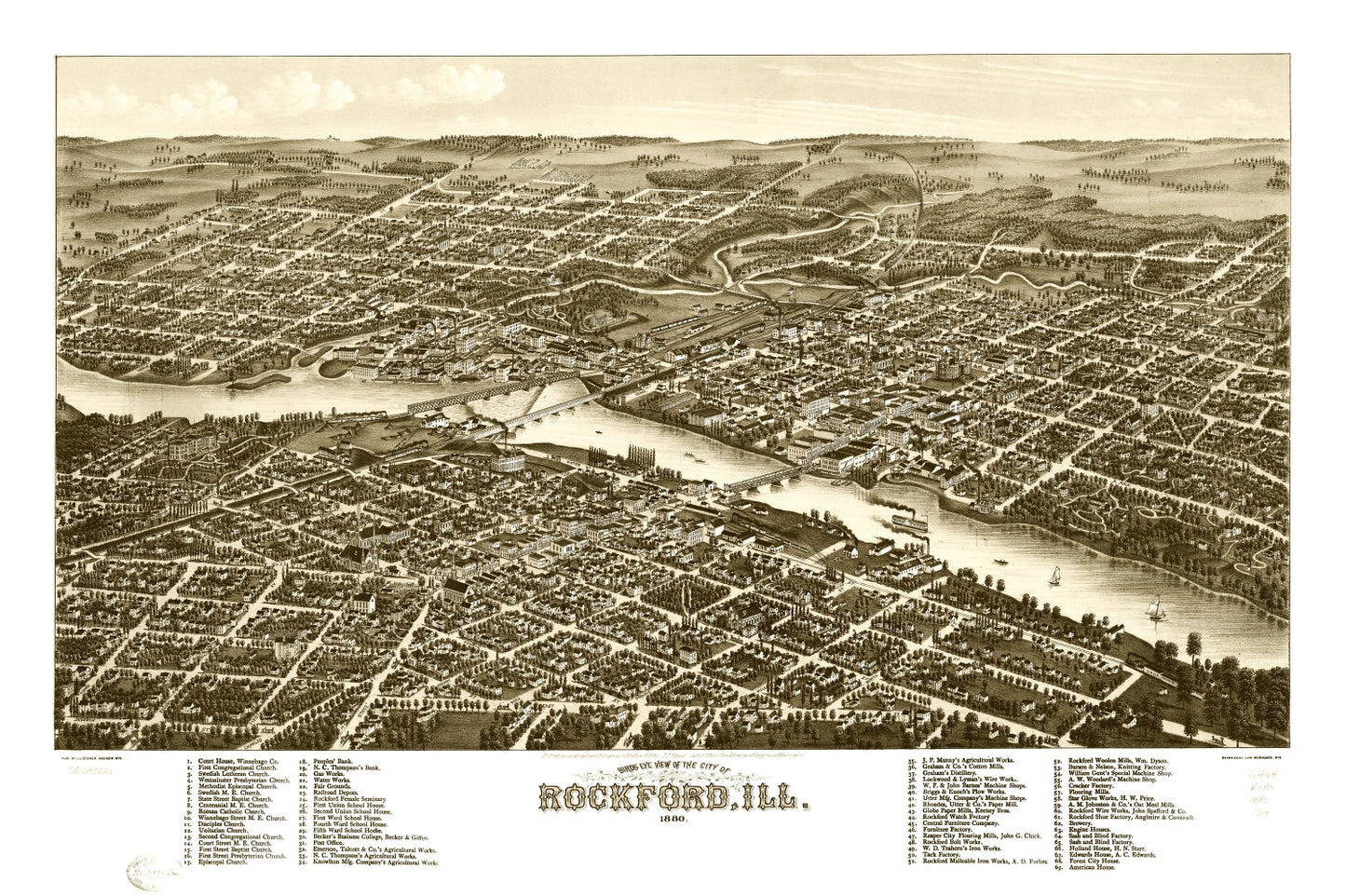 Vintage Map of Rockford, Illinois, 1880