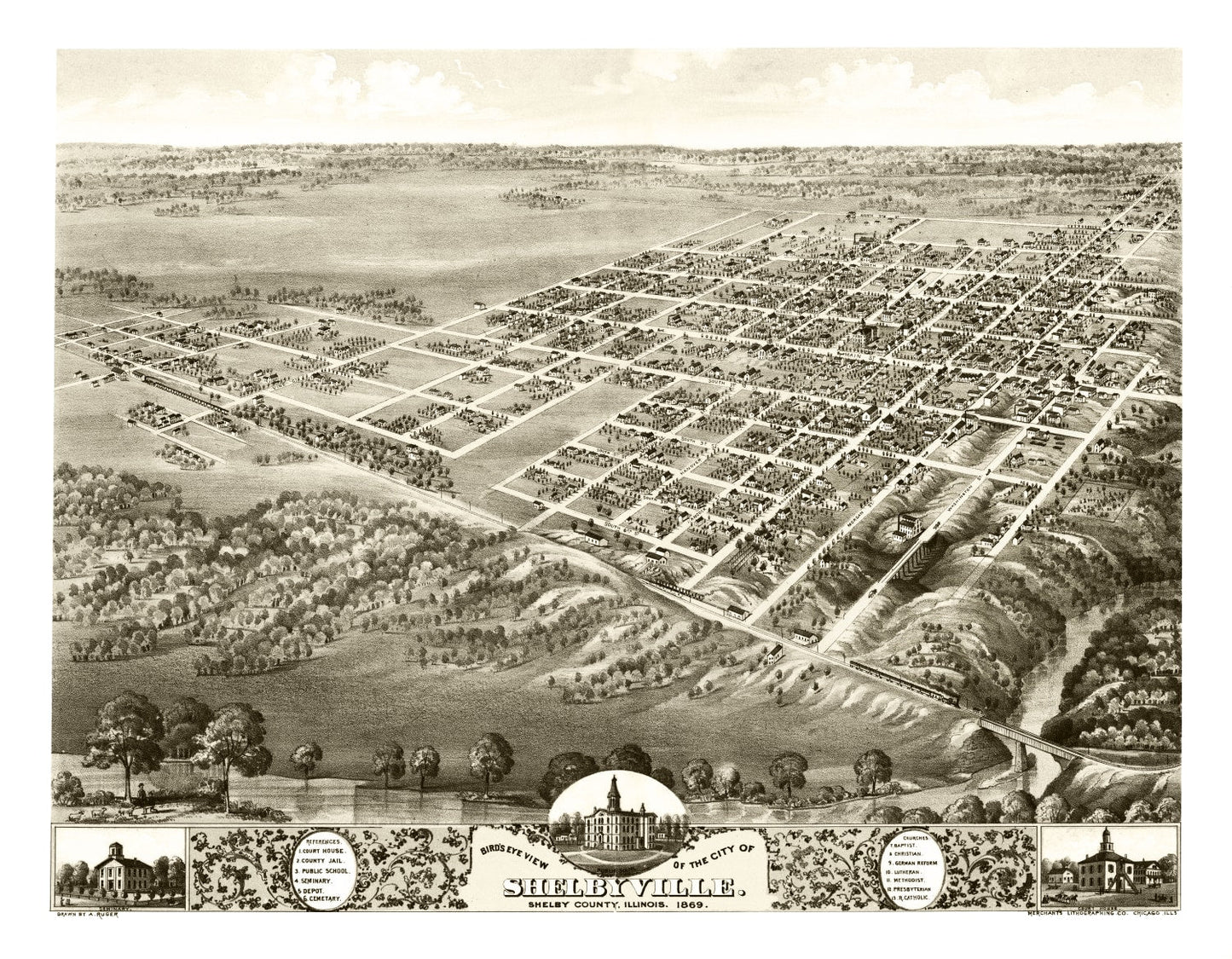 Vintage Map of Shelbyville, Illinois, 1869